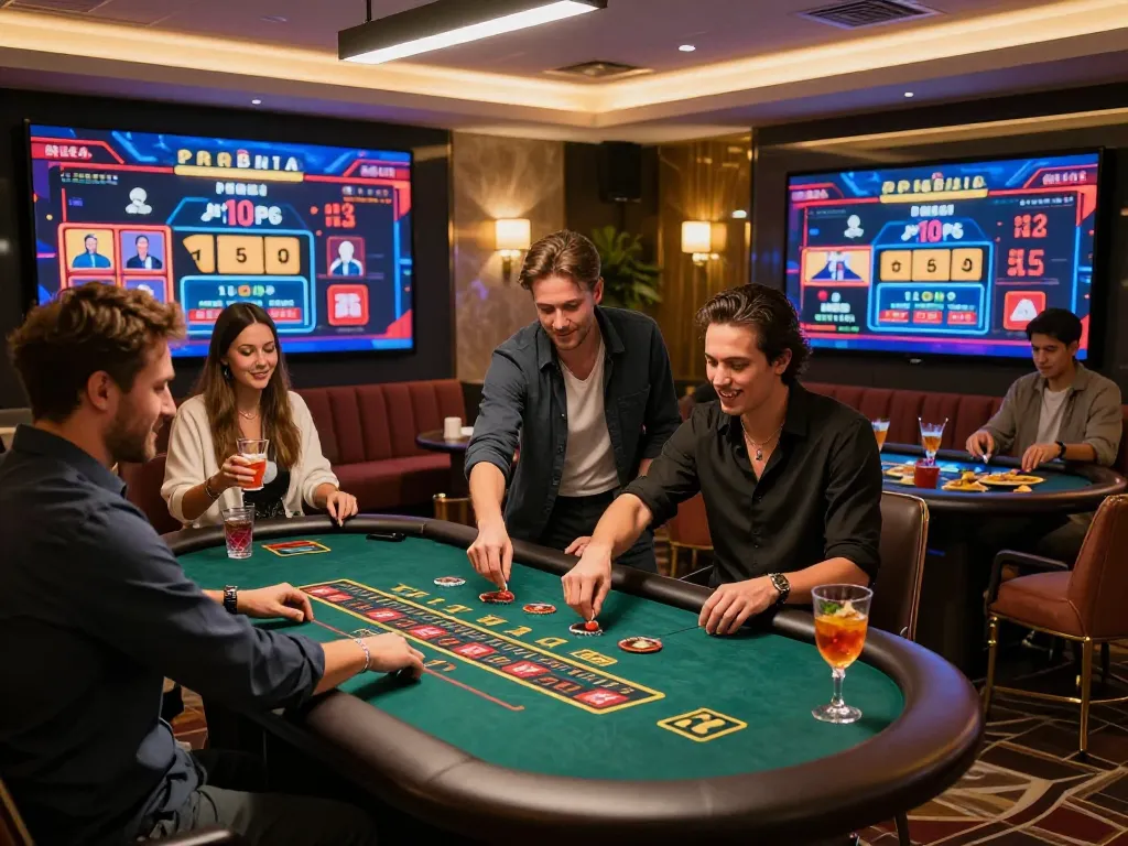 Engaging live dealer casino experience at https://okwin68.net/ with players celebrating a jackpot win in a vibrant atmosphere.