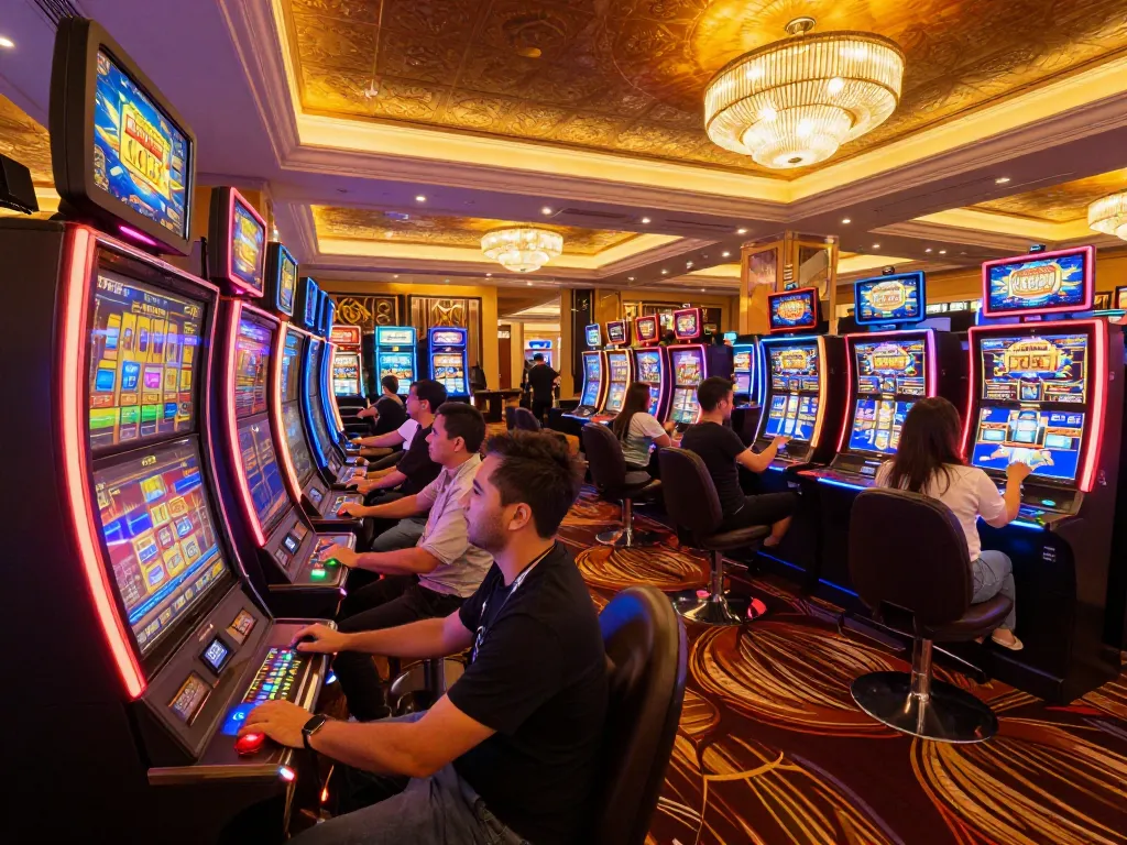 Players enjoying an exciting moment at the O8 HAIR casino slot machines, vibrant environment, and luxury.