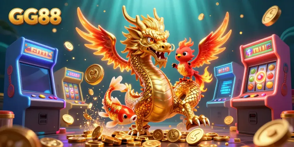 Engage with GG88's thrilling casino experience, featuring a golden dragon, koi fish, and dynamic gaming elements.