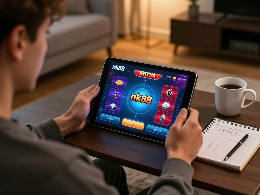 Engaged player strategizing with nk88 app on a tablet in a cozy home setting