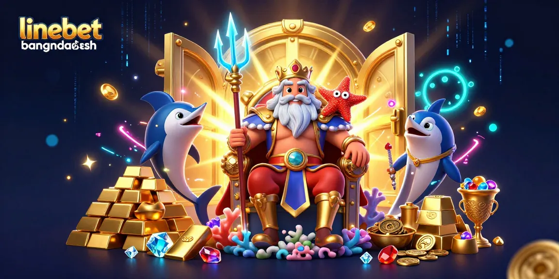 Experience the excitement of linebetbangladesh with a vibrant 3D casino illustration showcasing Neptune and treasures.
