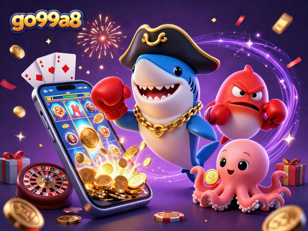 Engage with go99a8's gaming experience featuring lively 3D characters and casino elements.