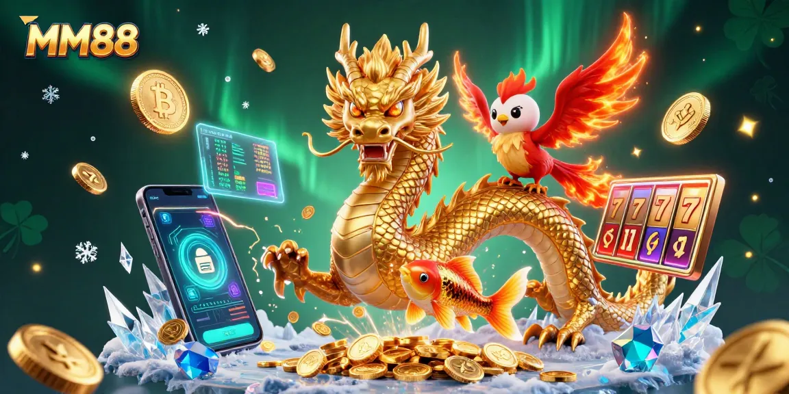 Experience thrilling gameplay with MM88, featuring a fierce dragon, joyous phoenix, and golden koi amidst a shower of coins.