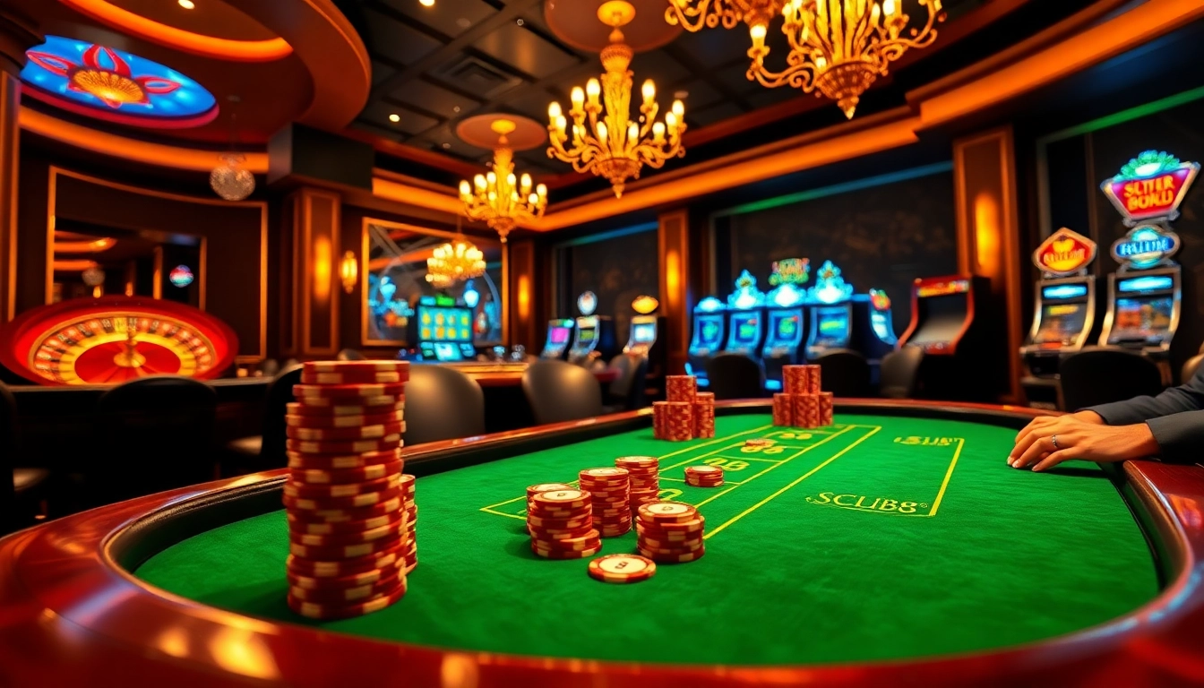 SCLUB88 poker players engage at an elegant casino table with vibrant chips and a roulette wheel.
