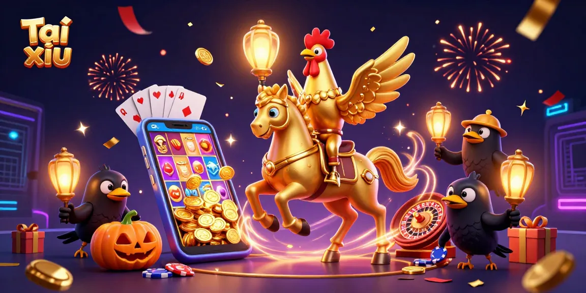 Experience Tài xỉu excitement with a golden rooster character in a vibrant casino scene.