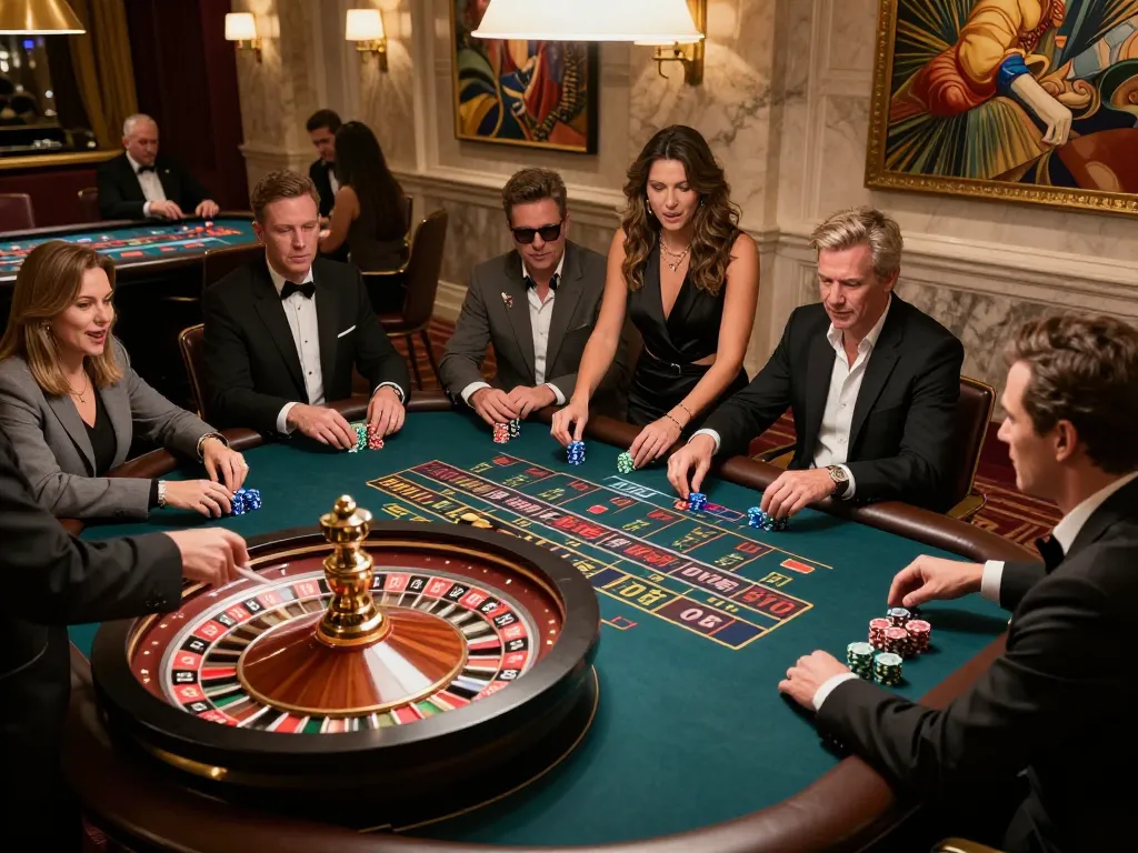 Players engaging at a roulette table in an upscale casino while enjoying Fun79 INK gaming experience.