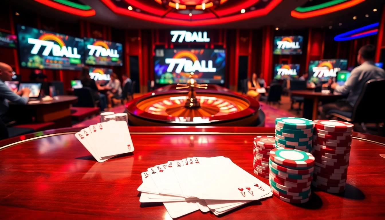 77BALL casino enthusiasts playing poker at a luxurious table with colorful chips.