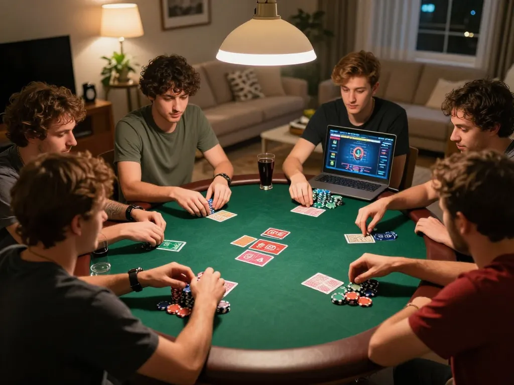 Players enjoying lively poker game on trang chủ tài xỉu md5 with vibrant chips and cards during friendly night.