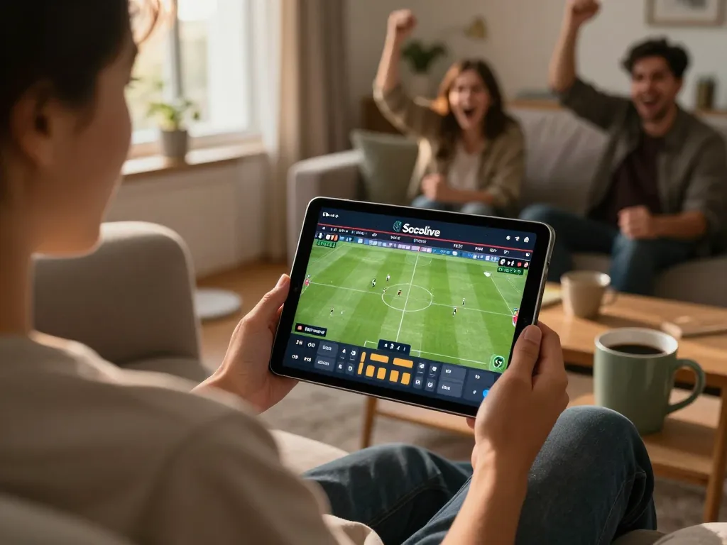 Socolive user watching live football match on tablet in a cozy home setting