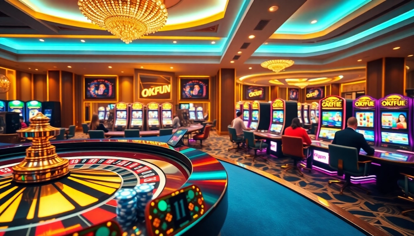 Engaging players enjoying various okfun games in a modern casino setup with vibrant gaming displays.