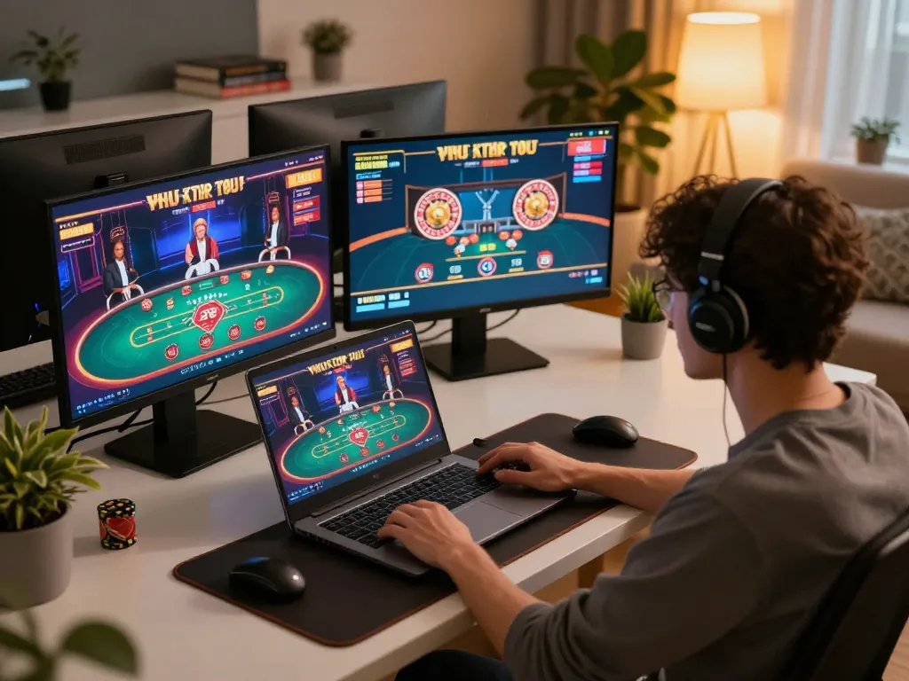 Player engaging with MM88 online casino interface, showcasing a dynamic gaming session at home.
