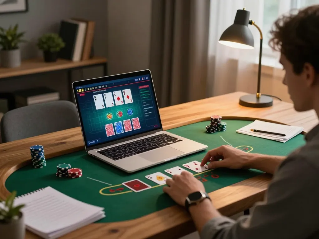 Player engaging with a live dealer blackjack game on tg88 from a cozy home office, emphasizing immersive online gambling experience.
