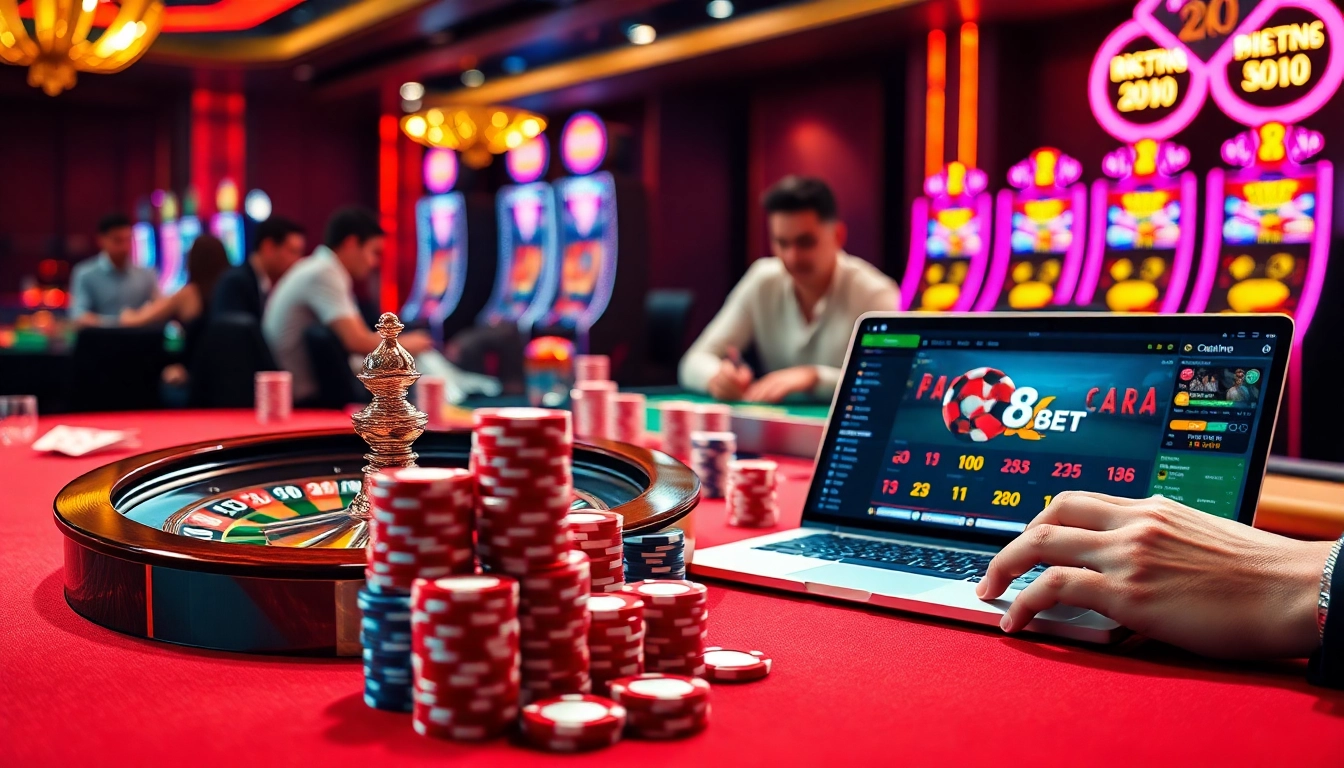 The excitement of placing bets at nhà cái 8kbet with a luxurious casino atmosphere filled with poker chips and games.