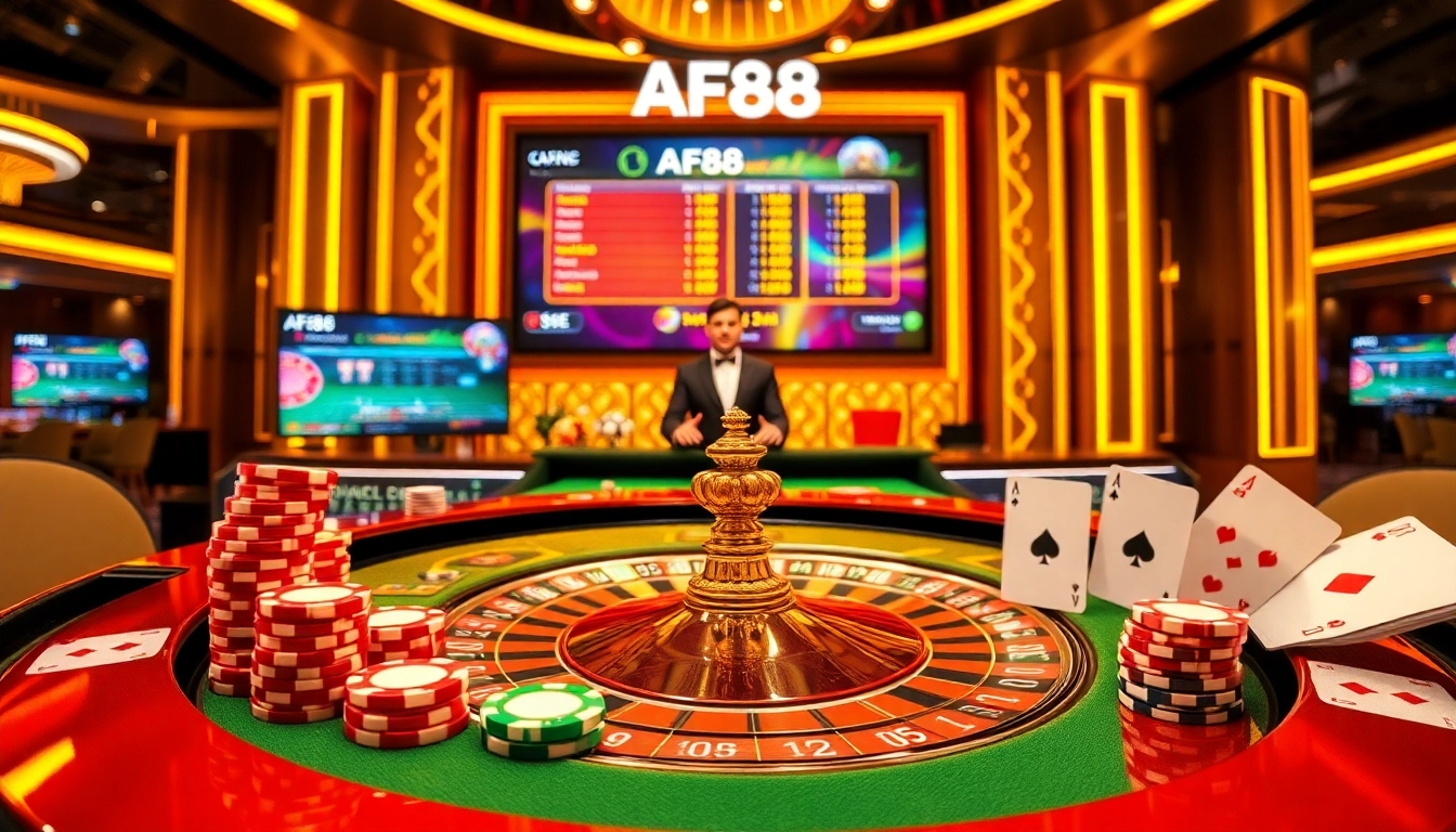 Experience the excitement of AF88 online betting with luxurious casino visuals and vibrant game elements.