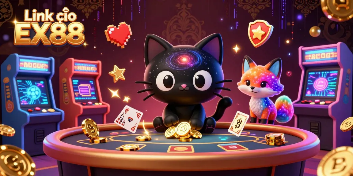 Engage with Link vào EX88 in this vibrant cosmic casino scene featuring a black hole cat and nebula fox.