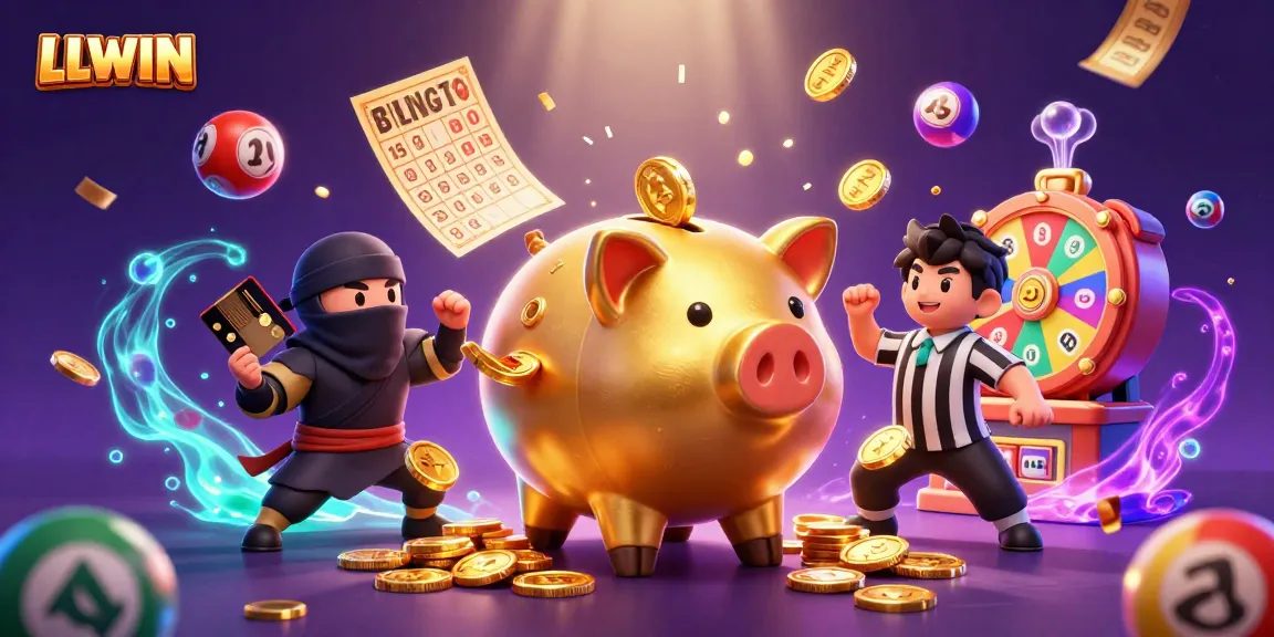 LLWIN's dynamic 3D illustration showcasing a golden piggy bank sumo wrestler amid colorful lottery elements and prizes.