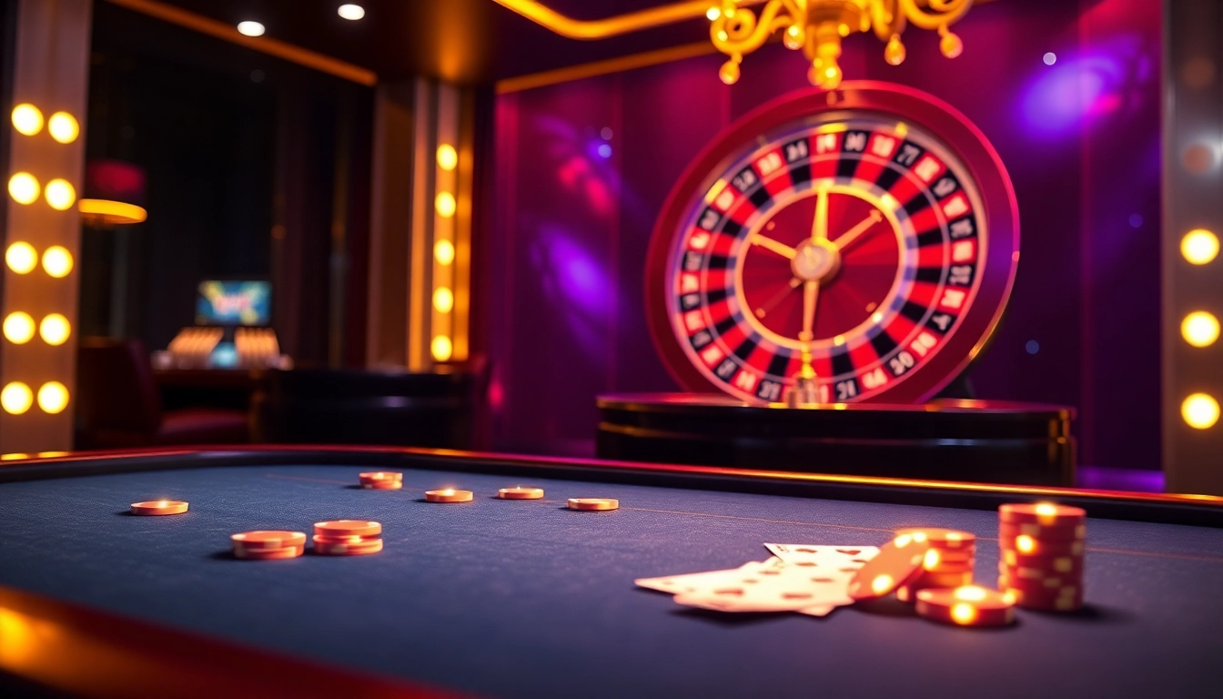 Engaging atmosphere of Trang chủ xx88 with poker table and roulette wheel in a luxurious online casino setting.