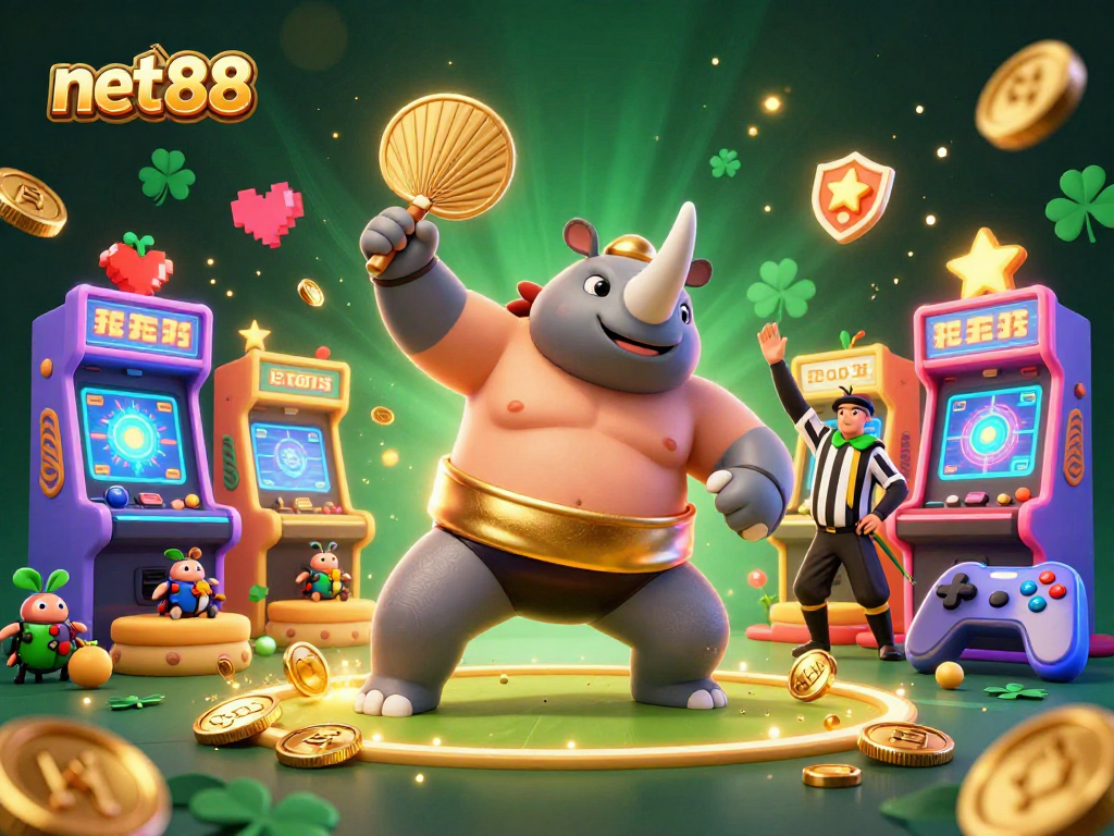 Bet on net88 with the 3D rhinoceros beetle champion celebrating amid golden casino joy!