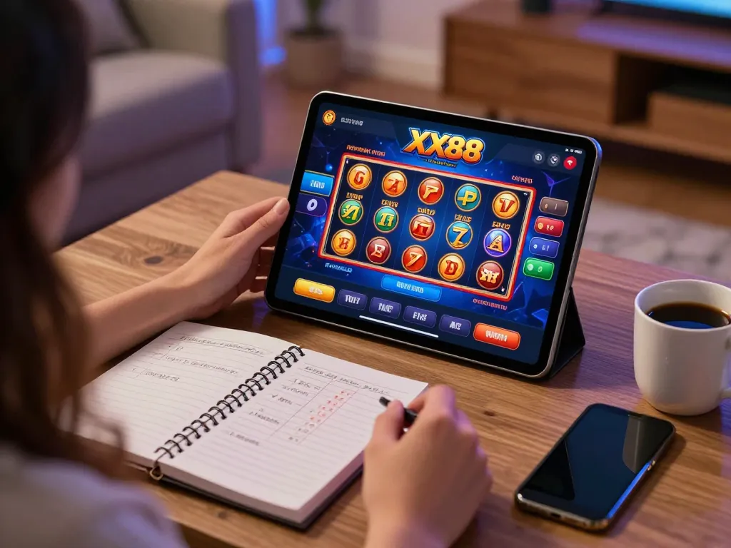 Engaging with the XX88 casino app on a tablet while enjoying a cozy home environment for responsible gaming.
