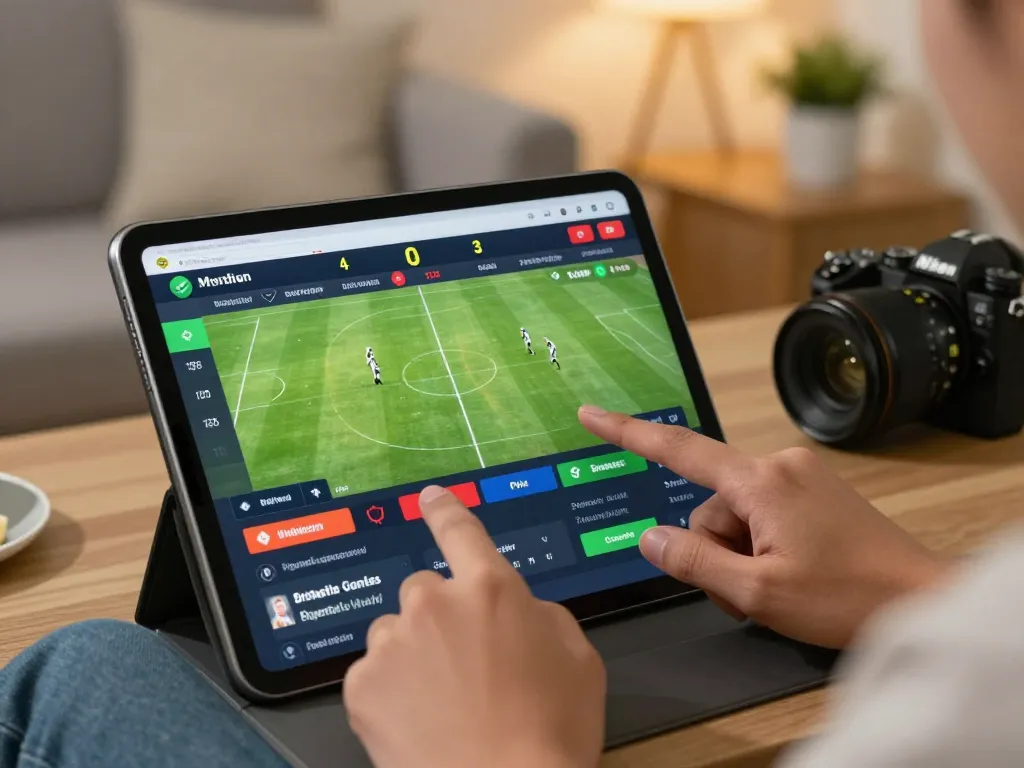 Soi Kèo user engaging in live sports betting on a tablet, featuring dynamic odds display and relaxing home atmosphere.