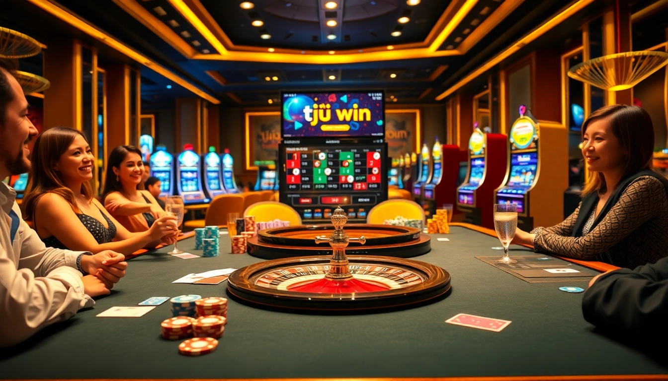 Excited gamblers enjoying a thrilling game scene featuring tải sun win online gambling app.