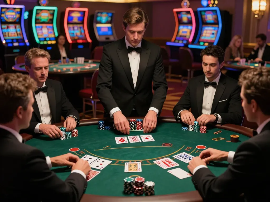 Engaged players at https://da88at.com/ blackjack table, showcasing strategy and excitement in luxury casino.