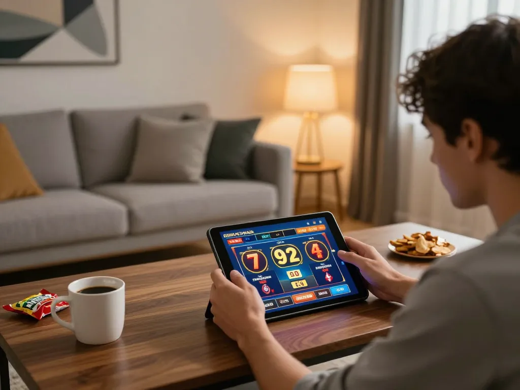 Player enjoying 92slot gaming on tablet during cozy home session, highlighting strategic betting