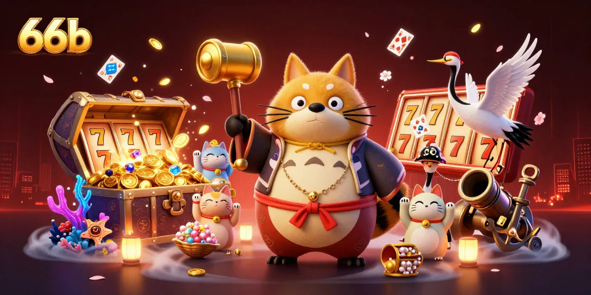 66b casino illustration with a cheerful tanuki and slot reels surrounded by vibrant elements.