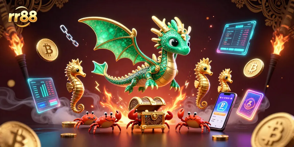 Engage in thrilling gaming adventures with rr88’s colorful cartoon sea dragon, gold coins, and crypto elements.