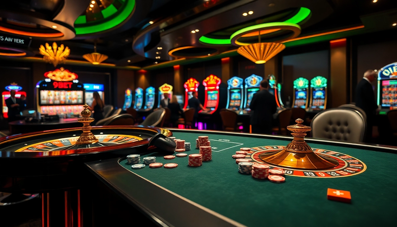 Engage in thrilling betting at Nhà cái 9BET's luxurious casino with vibrant tables and exciting games.