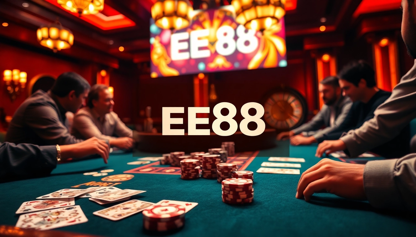 Players engage in a high-stakes poker game at EE88 casino, surrounded by poker chips and a roulette wheel.