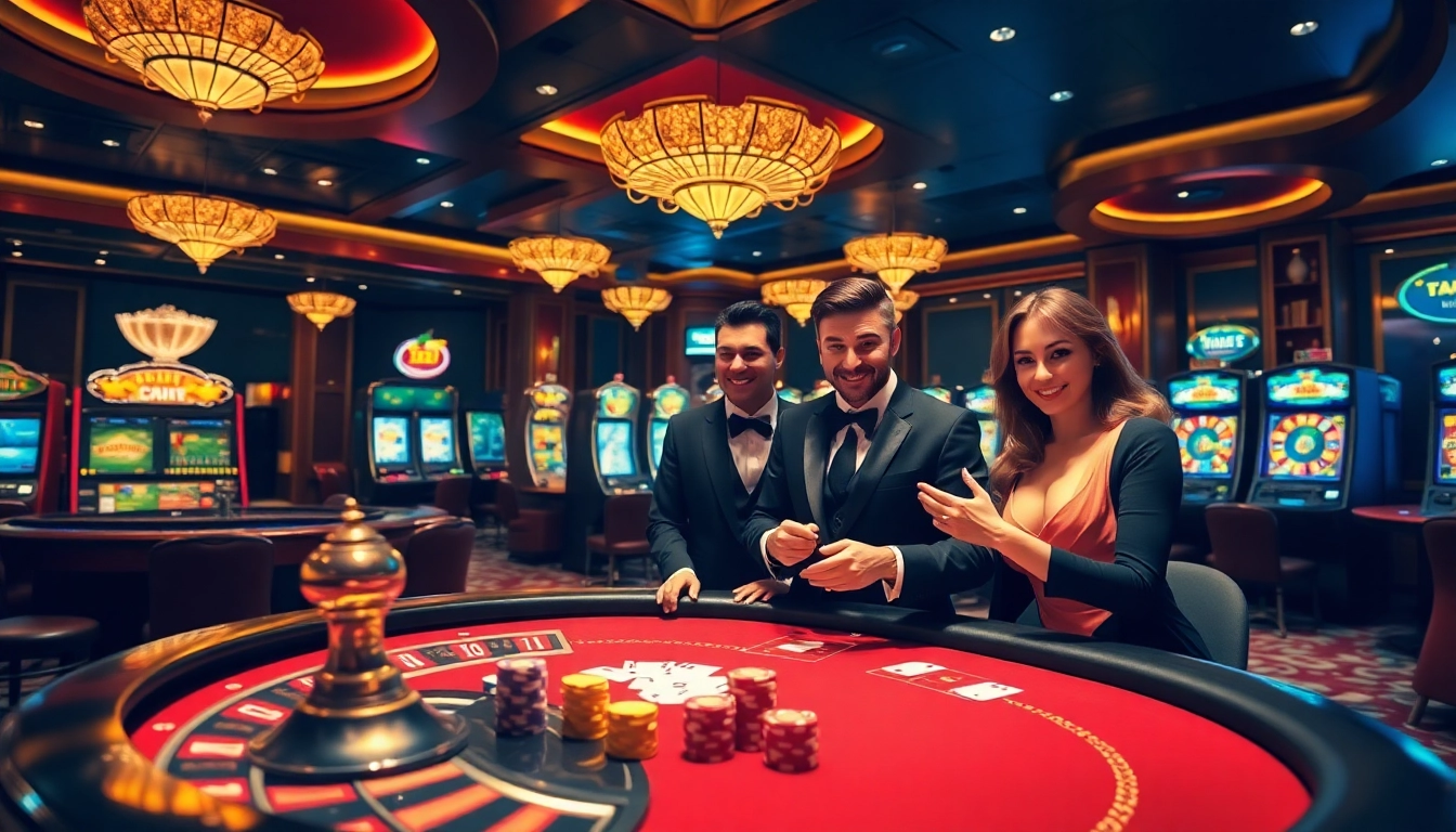 Players celebrate a winning hand at the poker table in a vibrant casino scene featuring https://hz882026.com/.