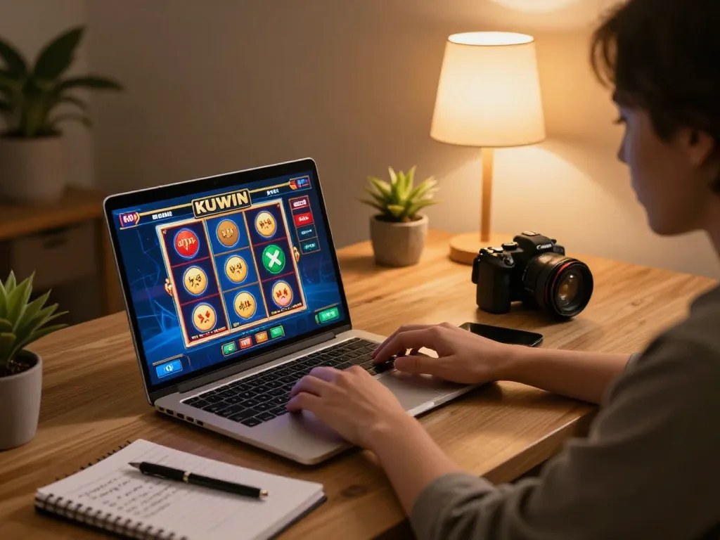 Playing games on KUWIN casino site using a laptop, with strategic notes nearby in a cozy home setting.