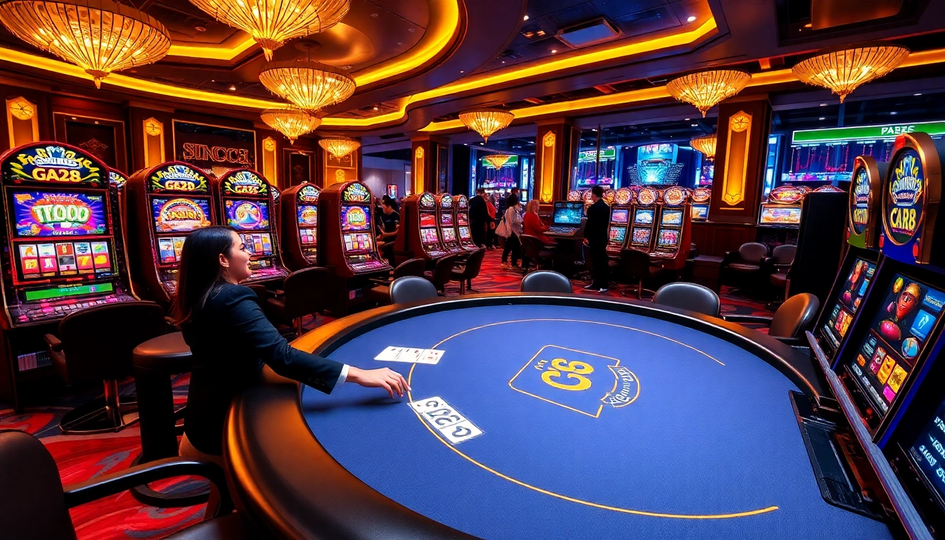 G28 casino scene featuring vibrant poker and slot machines, embodying excitement and luxury.
