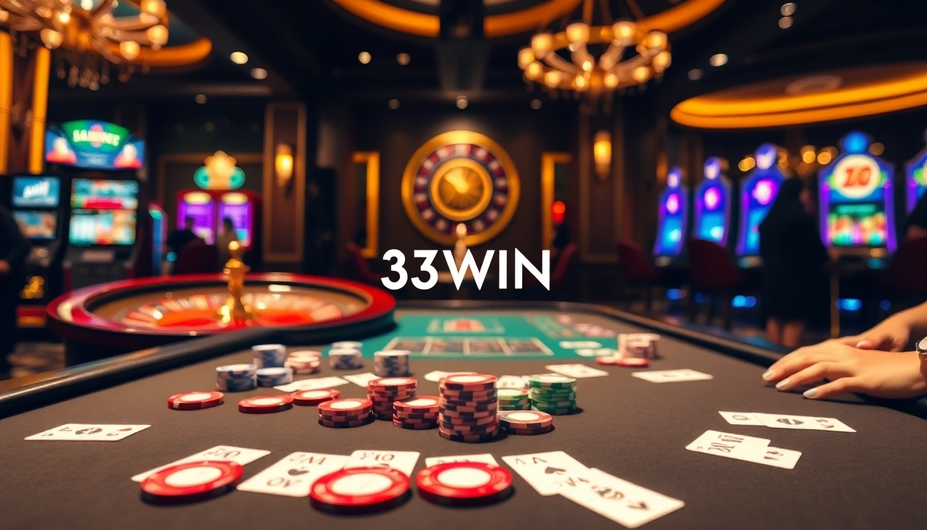 Feel the excitement of 33WIN at a lively casino table with poker chips ready to play.