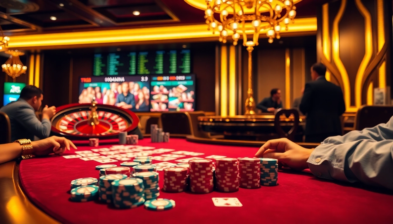 A dynamic scene at a casino table with players participating, showcasing games from https://tr88.autos/ with excitement and luxury.