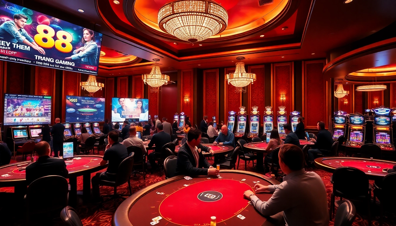 Exciting gaming scene illustrating the vibrant atmosphere on trang chủ 88vv with poker tables and slot machines.