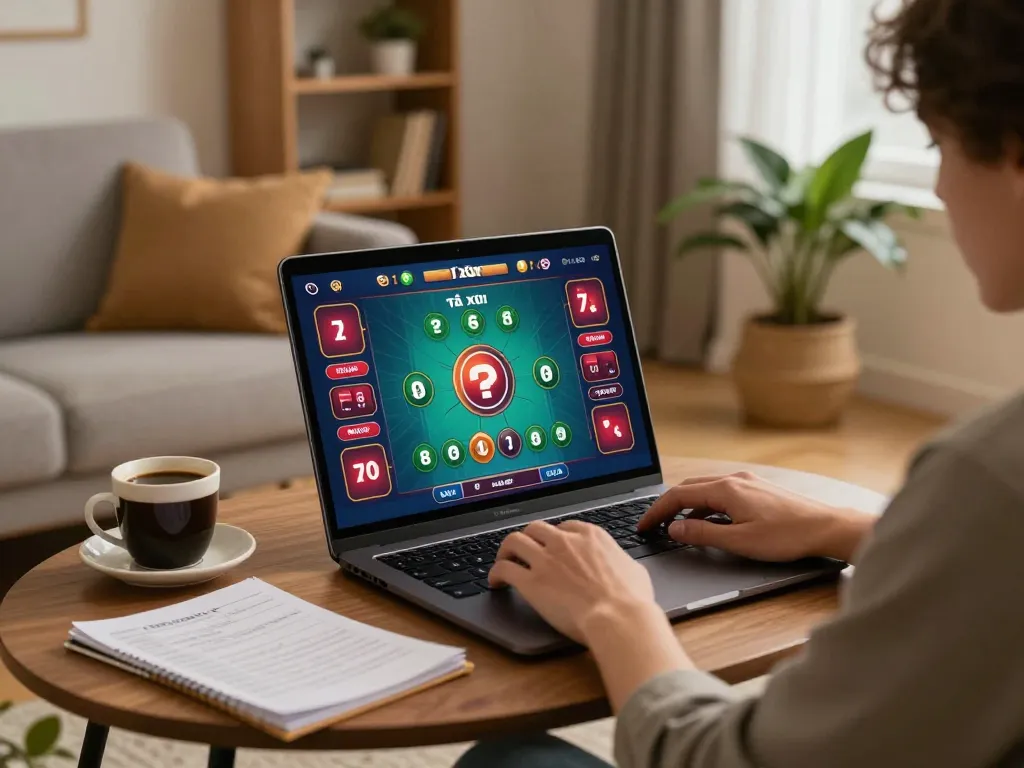 Tài xỉu online uy tín gameplay on laptop in cozy living room, highlighting strategic notes and responsible gambling.