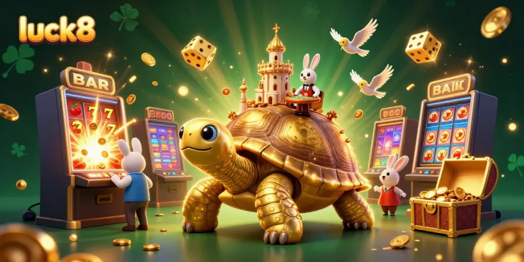 Experience luck8's vibrant casino world with a golden tortoise, casino palace, and a rabbit dealer.