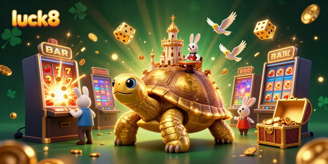 Experience luck8's vibrant casino world with a golden tortoise, casino palace, and a rabbit dealer.