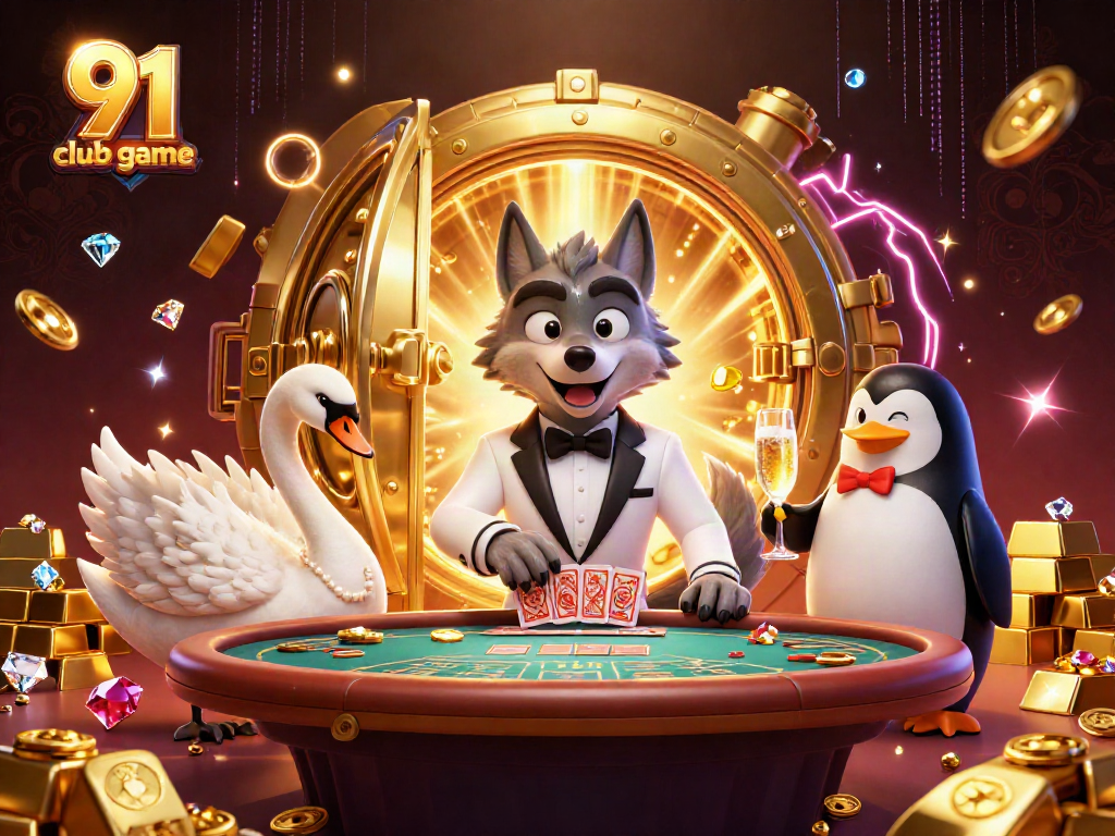 Engaging 3D scene of 91 club game with characters enjoying a baccarat table surrounded by gold elements.