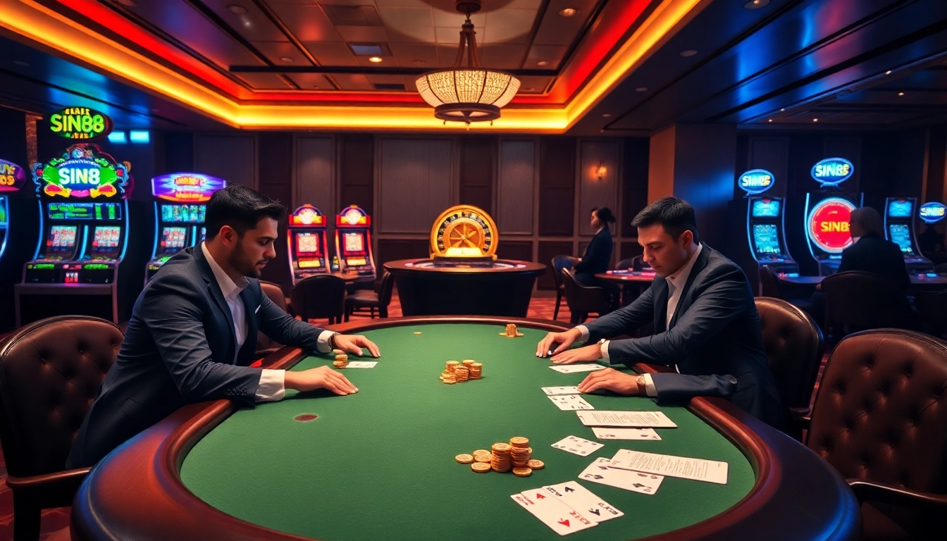 Experience the thrill of gambling at SIN88 with luxurious poker tables and vibrant casino action.