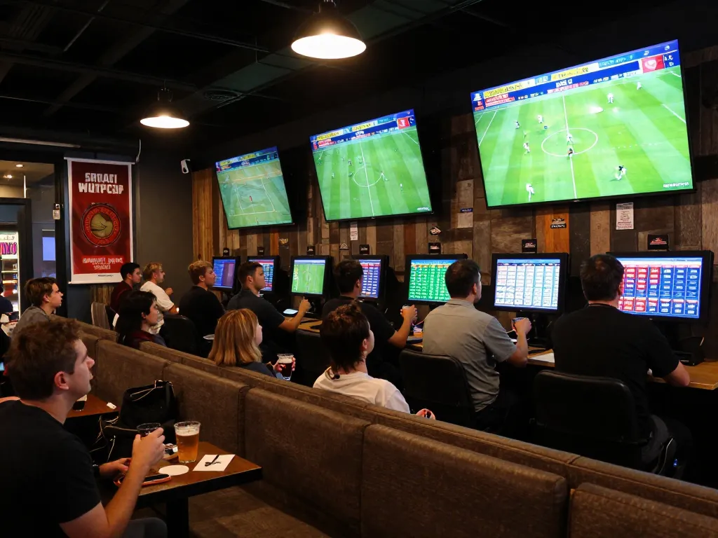 Catch live kết quả bóng đá while enjoying beverages at a bustling sports betting lounge, vibrant atmosphere