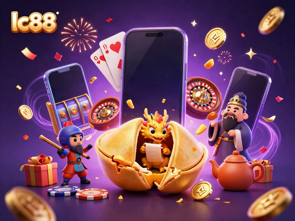 Experience lc88's dynamic online casino world with a lively illustration featuring slots and lucky symbols.