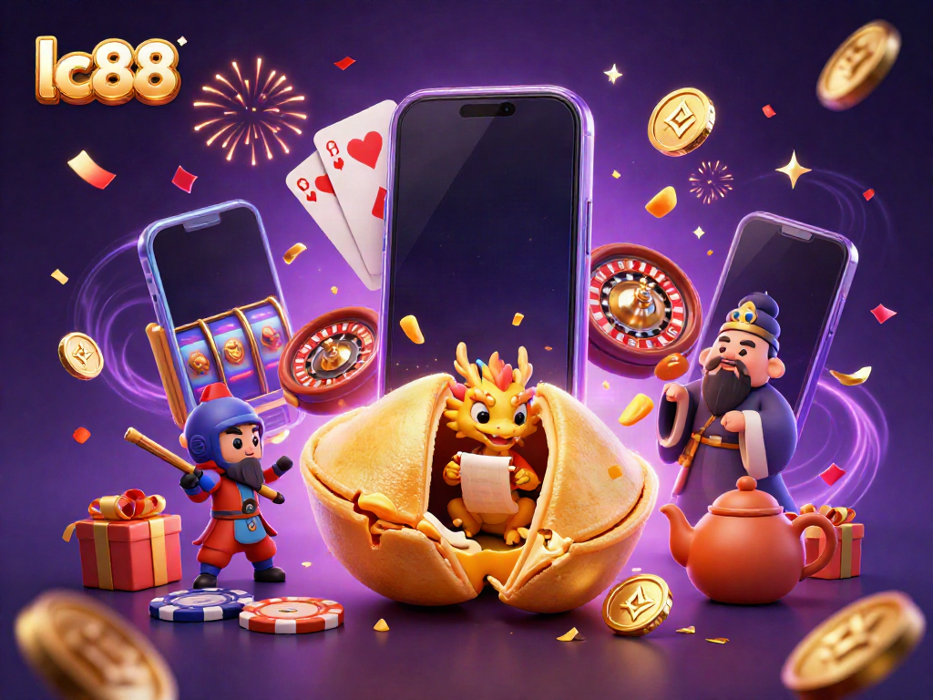 Experience lc88's dynamic online casino world with a lively illustration featuring slots and lucky symbols.