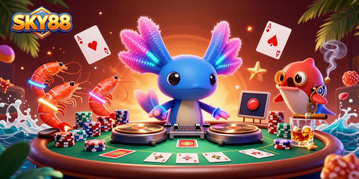 Experience the thrill of SKY88 with an interactive DJ scene stacked with poker chips and lively characters.