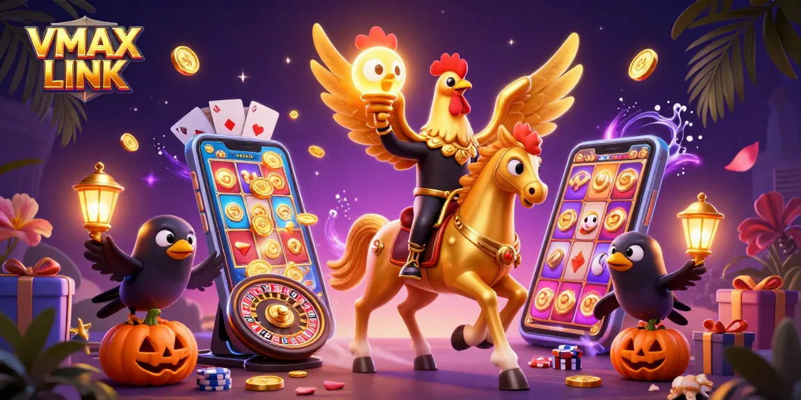 Experience thrilling gameplay at VMAX LINK with golden rooster and vibrant casino elements.