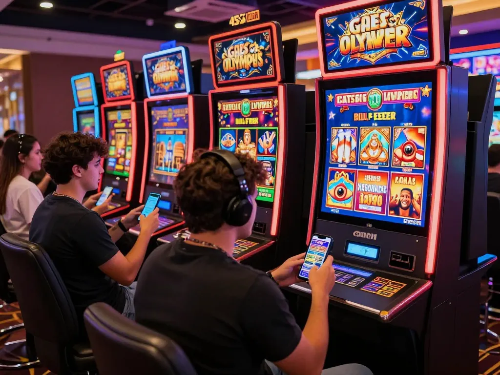 A vibrant gaming scene at 45x .com with players enjoying popular slot games and sharing excitement.