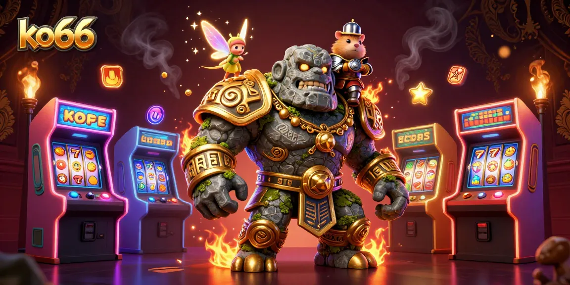 Join the magical world of ko66 casino gaming with a golem, fairy, and knight amidst vibrant slot machine icons.