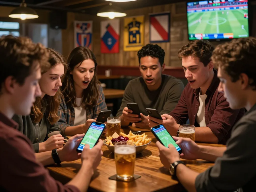 Friends enjoying a sports betting session at Net88 sportsbook, discussing strategies and checking mobile apps